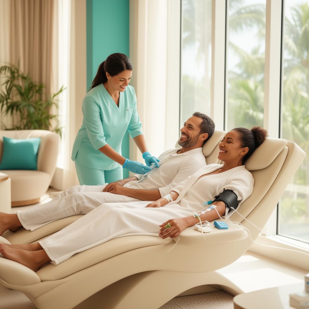 A clear IV vitamin drip in a calm wellness room